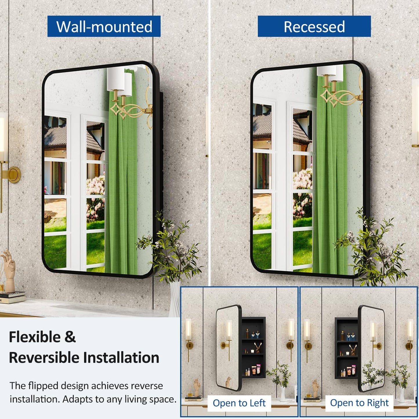 20x28 Inch Black Recessed Bathroom Medicine Cabinet with Mirror Metal Framed Farmhouse Surface Wall Mounted Mirrored Bathroom Medicine Cabinets