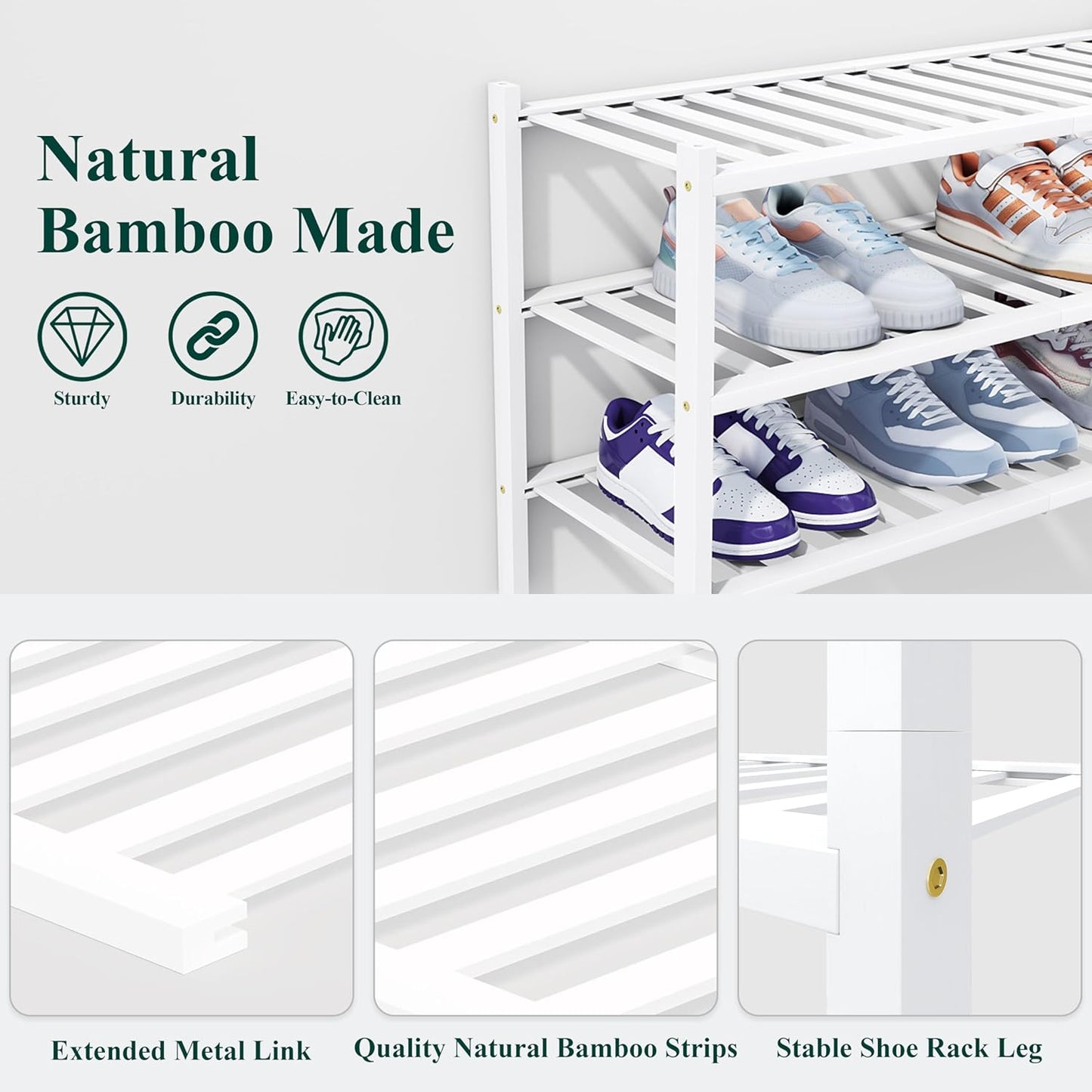Smiry Shoe Rack, 3 Tier Thick Bamboo Shoe Organizer, Stackable Free Standing Wooden Shoe Storage Shelf for Closet, Entryway, Front Door Entrance, White