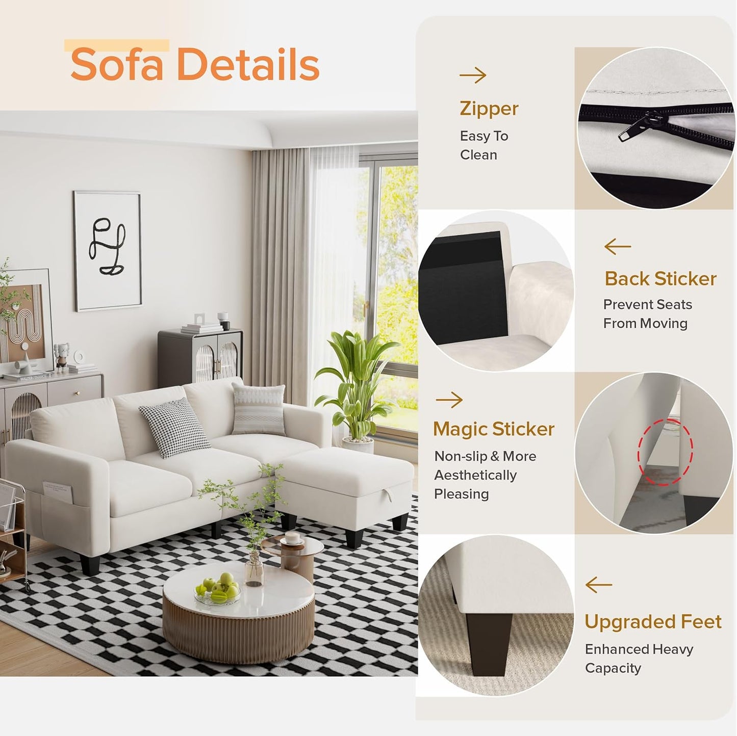 ZeeFu Convertible Sectional Sofa Couch, 3 Seat L-Shaped Sofa with Movable Ottoman, Modern Mocha Brown Velvet Linen Upholstered Small Sectional Sofa Couch for Small Space Apartment Living Room Office