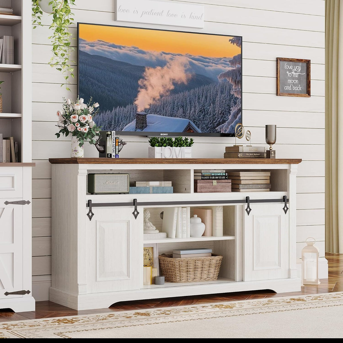 IRONCK Farmhouse TV Stand for 65+ Inch TV, 59" Entertainment Center with Storage Cabinets and Sliding Barn Door, Media Console for Living Room, White
