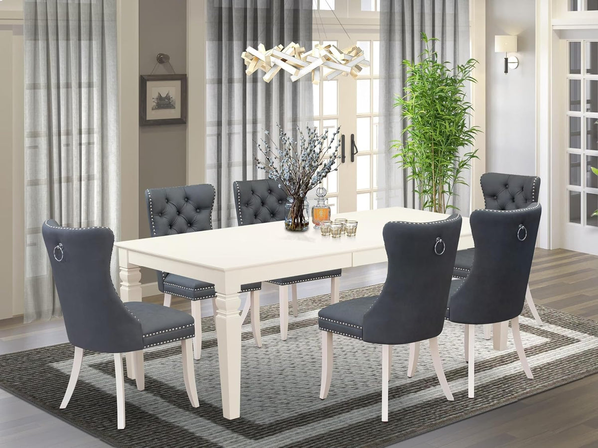 East West Furniture LGDA7-LWH-13 7 Piece Kitchen Set Consists of a Rectangle Dining Table with Butterfly Leaf and 6 Polyester Fabric Padded Chairs, linen white
