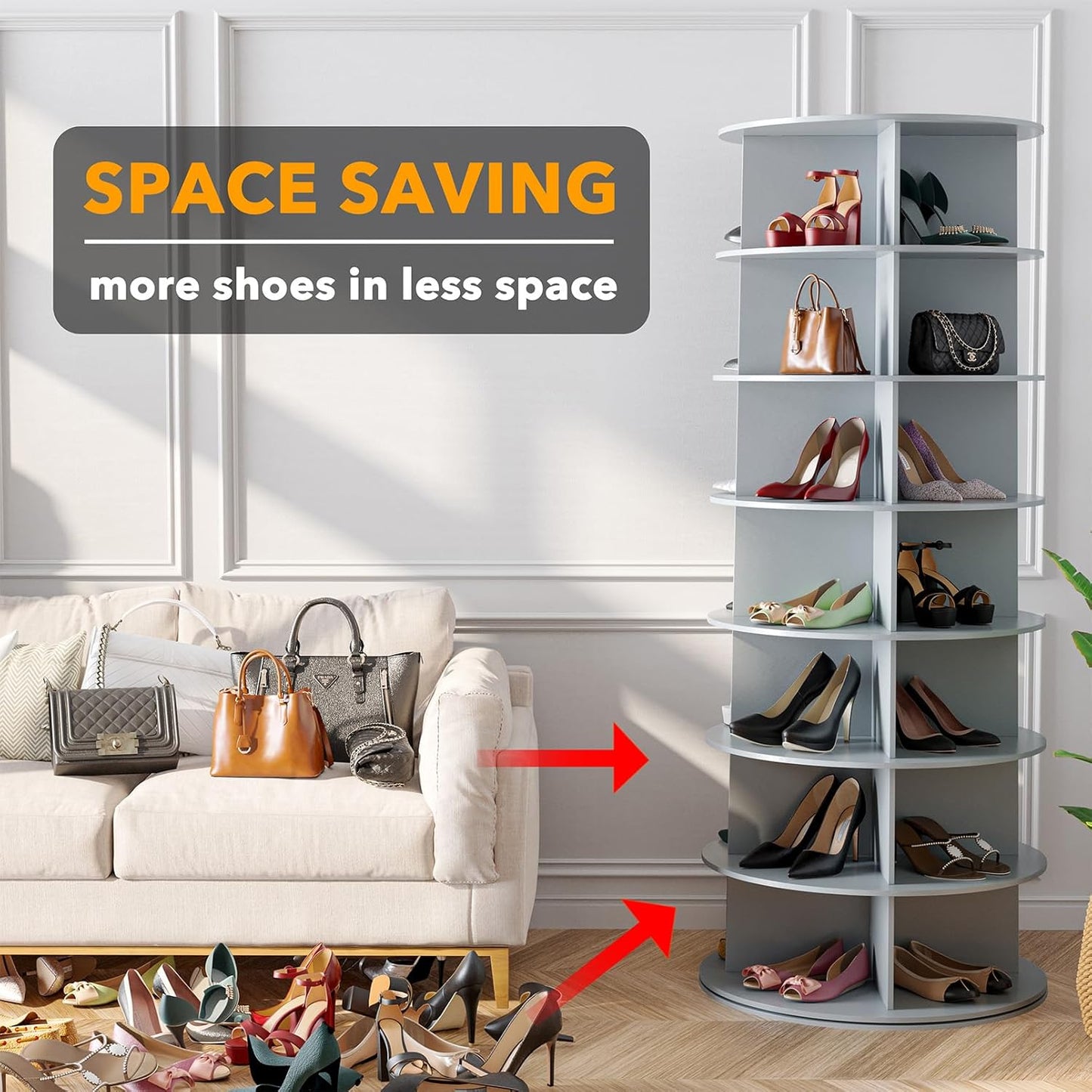 SpaceAid 7 Tier Rotating Shoe Rack Tower, Spinning Shoe Display Lazy Susan, Revolving 360 Shoe Rack Storage Round Carousel, Vertical Handbag Rotate Shoes Closet Organization (7-Tier Gray)