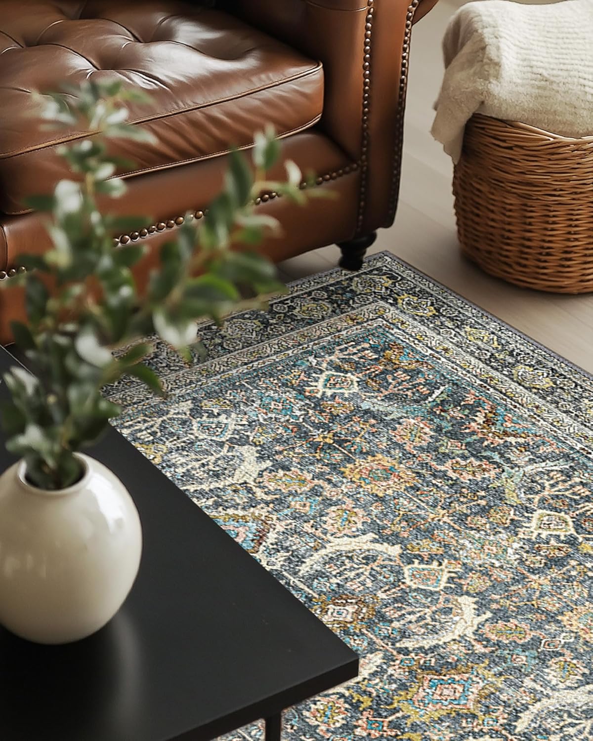 9X12 Area Rugs Machine Washable Rugs for Living Room, Vintage Boho Large Rugs for Bedroom Dining Room, Non Slip Indoor Soft Distressed Lightweight Thin Low Pile Carpet, Terracotta