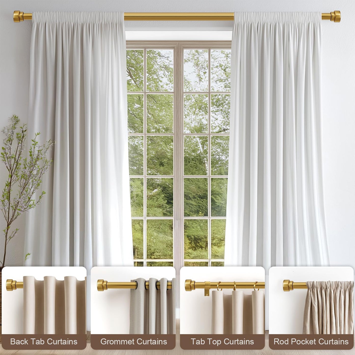 Modern Gold Curtain Rods for Windows 66 to 120 Inches Adjustable Length Heavy Duty 1" Diameter Brass Window Curtain Rod with Solid Metal Finials for Outdoor Farmhouse Bedroom Kitchen Living Room