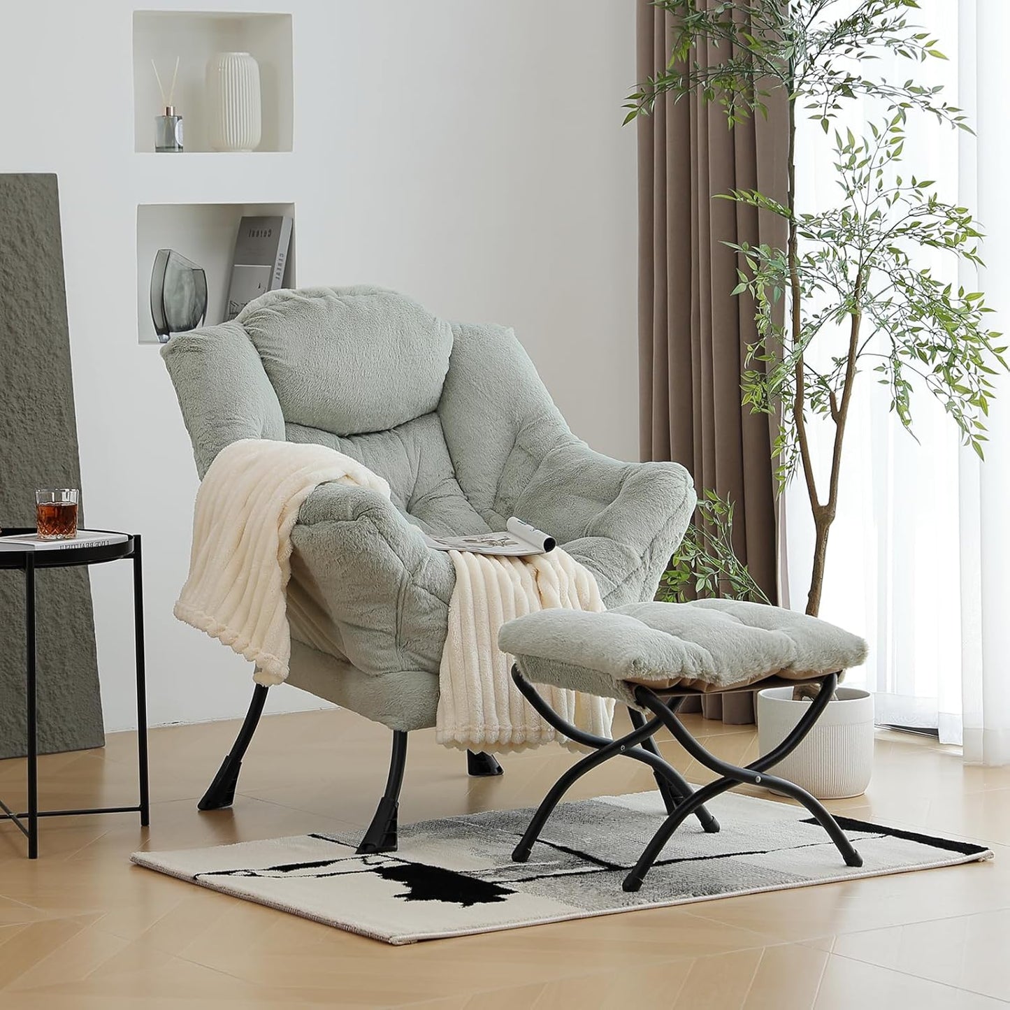Lazy Chair with Ottoman, Modern Chair with Folding Footrest, Lounge Accent Chair, Comfortable Reading Chair (Plush Green)