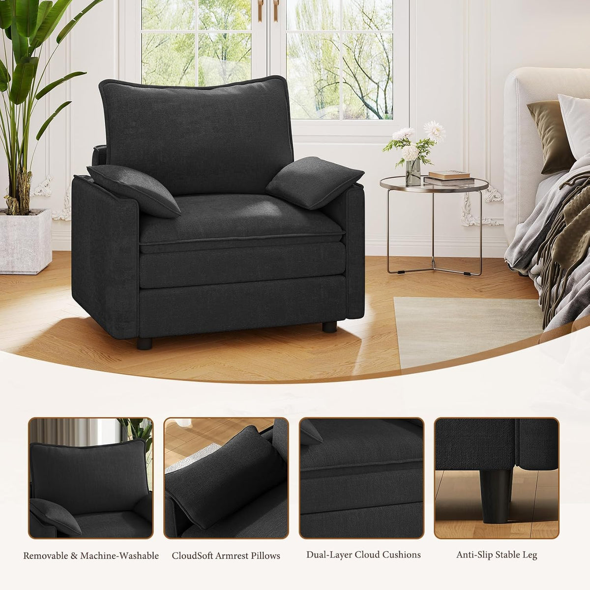 Vesgantti 40" Single Seat Sofa, Comfy Cloud Couch Deep Seat Upholstered Couch Chenille Modern Sofa with Armrest Pillow, Easy Assembly for Living Room, Bedroom and Apartment, Black