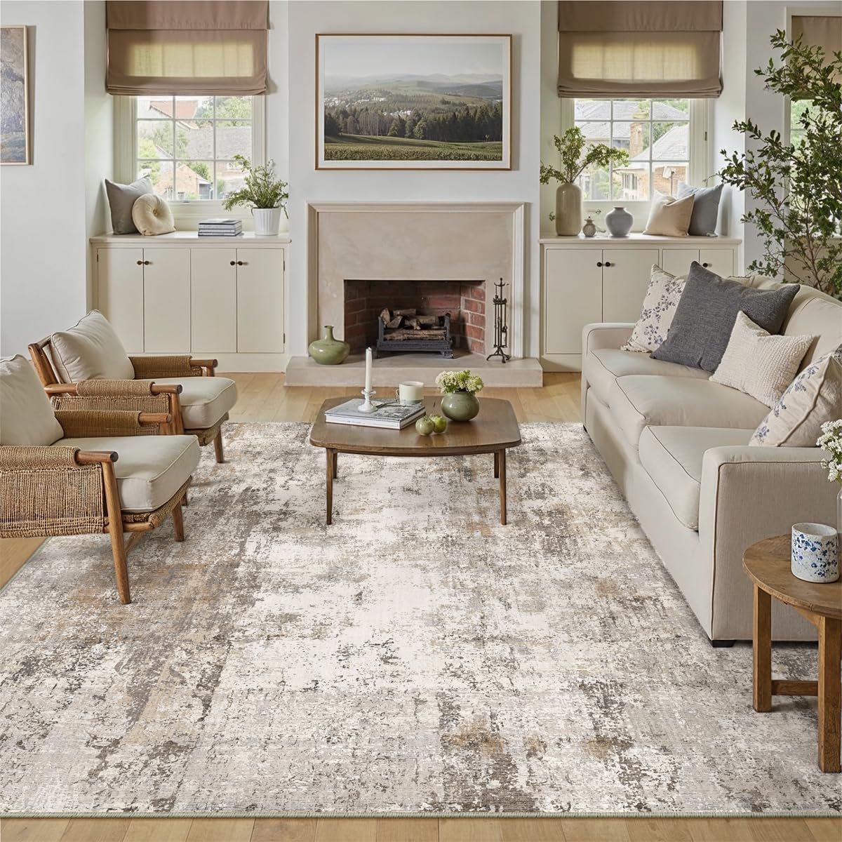8x10 Washable Area Rug Brown Grey Neutral Abstract Living Room Bedroom Large Throw Rug Non Slip Soft Low Pile Indoor Floor Carpet for Dining Room Kitchen Office Entryway
