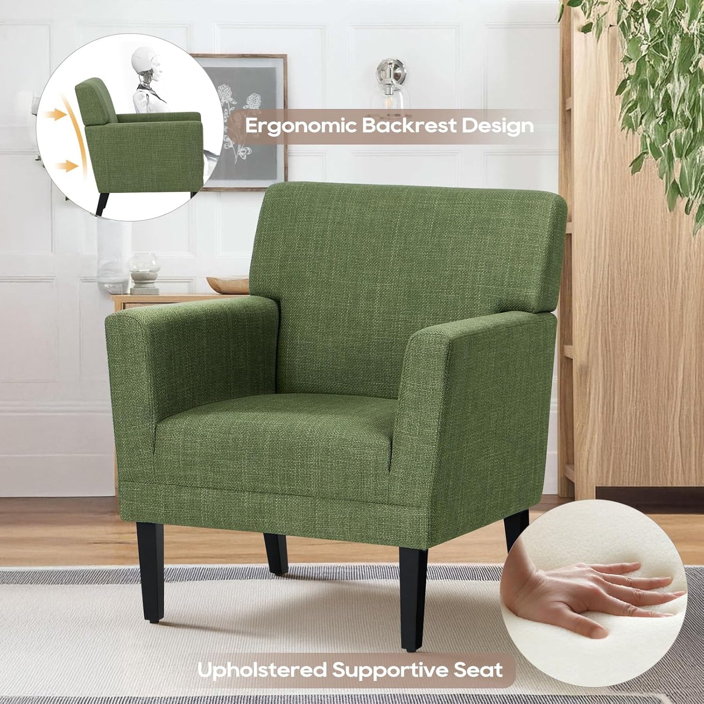 COLAMY Accent Chair Set of 2 for Living Room, Modern Upholstered Fabric Accent Armchair with Back, Soft Single Sofa Chair with Arms for Bedroom/Office/Reception Room, Green
