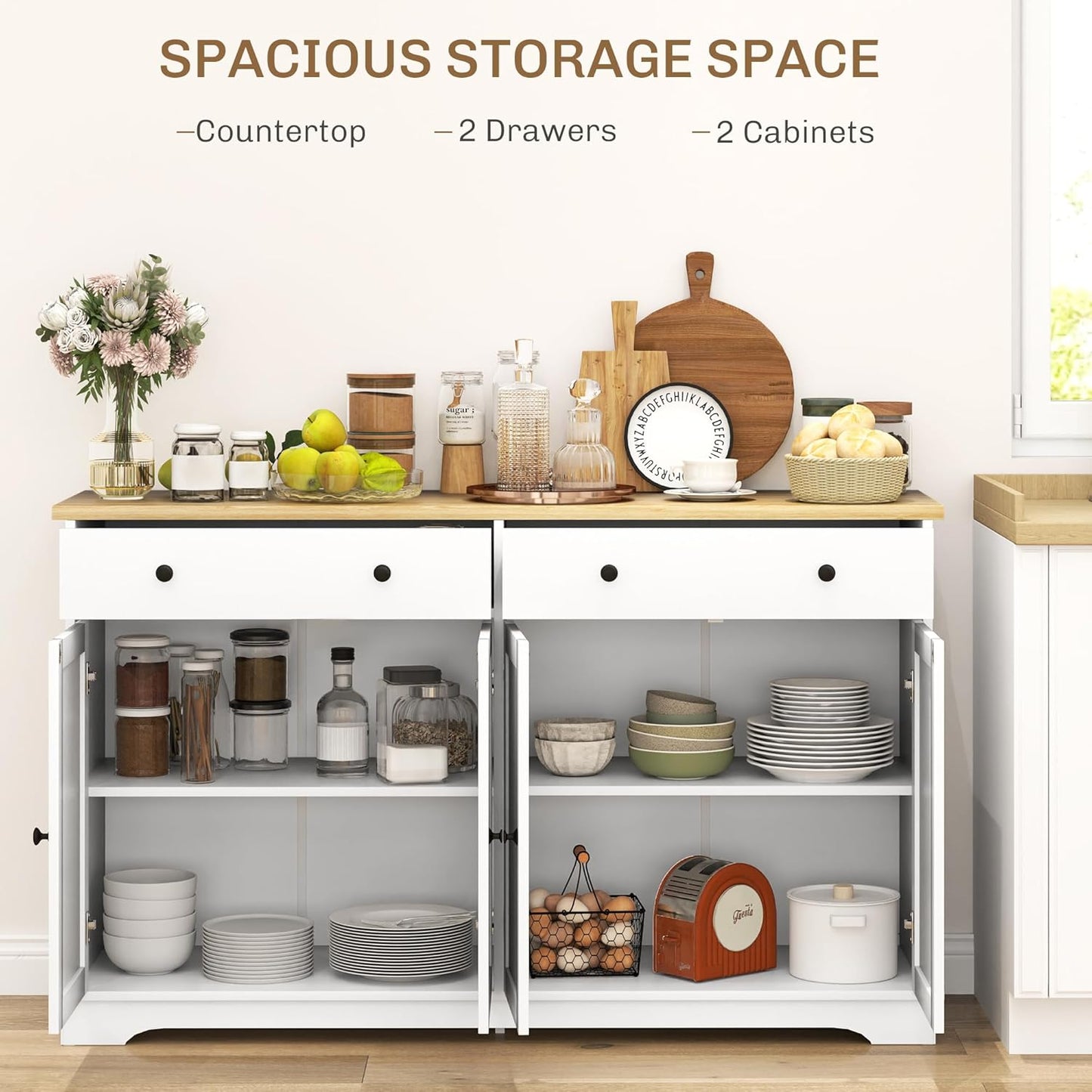 HOMCOM Sideboard Buffet Cabinet with Storage, 55" Modern Kitchen Cabinet with 4 Doors, 2 Drawers and 2 Adjustable Shelves, Coffee Bar, White