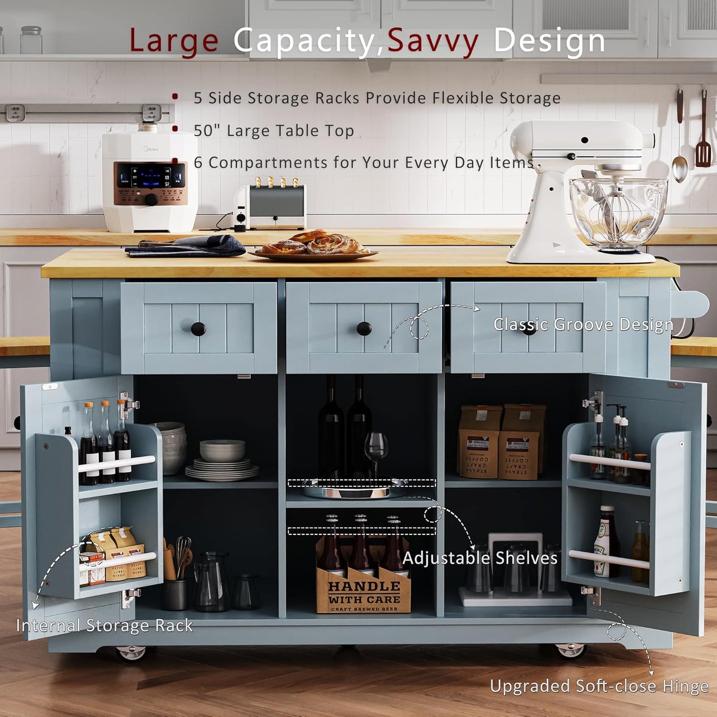 YOTPO 53" Large Kitchen Island with Drop Leaf,Power Outlet & Door Internal Storage Rack,Rolling Kitchen Cart on 5 Wheels W/ 5 Open Side Racks for Kitchen,Dining Room,Grey Blue(Not Include bar stools)