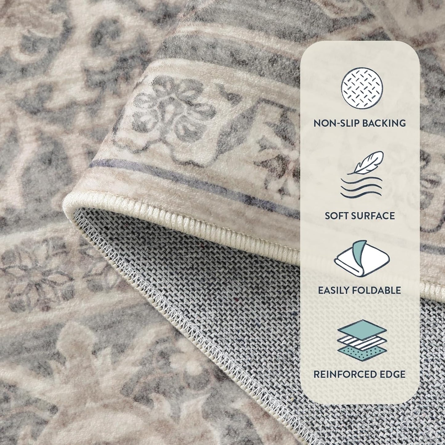 Lahome Oriental Washable Area Rug, 3x5 Soft Rugs for Bedroom Living Room, Ultra-Thin Vintage Non-Slip Throw Carpet for Kitchen Office Entryway, Grey/Brown