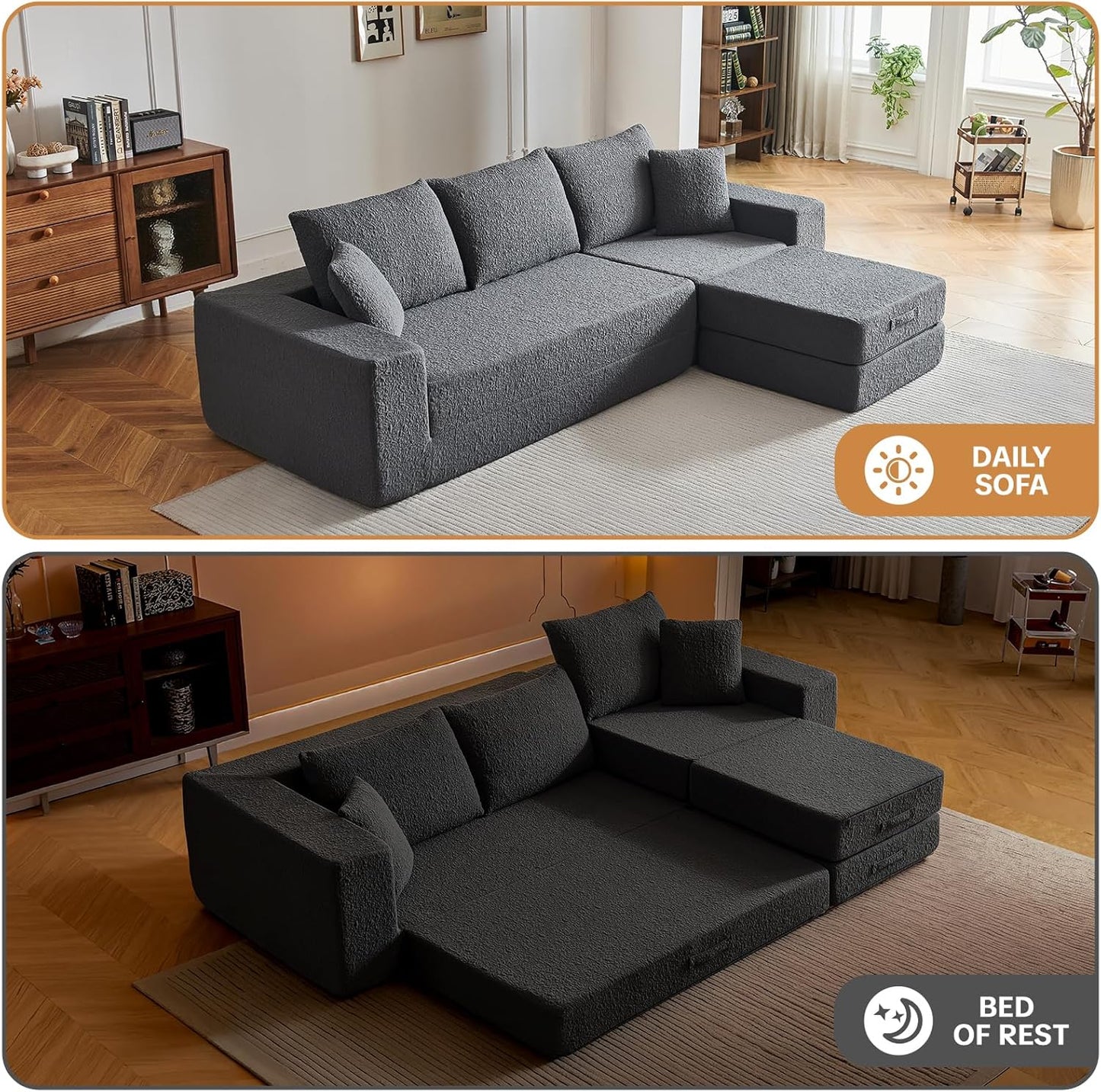 108" Modular Sectional Cloud Sofa - Boneless Couch with Deep Seat, Non Slip Base, Folding Sofa Sectional Couches for Living Room, Cozy Modular Couch with L-Shape Chaise, No Assembly Required, Grey