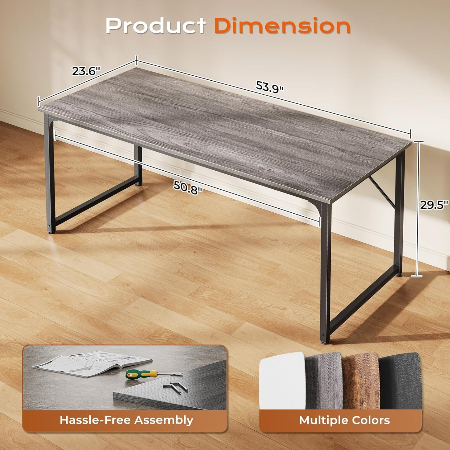 PRAISUN 54 X 24 Inch Computer Desk with Deeper Desktop, Gaming Office Writing Work Desk for Home Office, Study, Bedroom, Work from Home, Metal Frame, Grey
