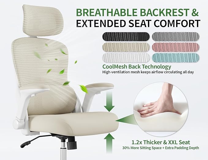 Office Chair - Ergonomic Desk Chair with Adjustable Headrest Lumbar Support Computer Chair - Mesh Comfy Chairs with Flip-up Armrests - Big and Tall Gaming Chairs for Adults Home Office(Beige)