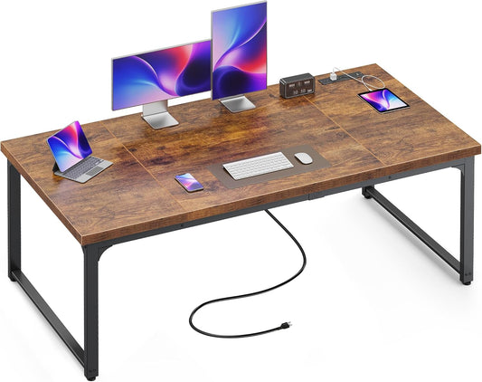 Huuger 63 x 31.5 inch Desk with Power Outlets & USB-C, 1.2 Inch Thicker Desktop, Robust Metal Tubes, Deep Computer Desk, Heavy Duty Office Desk, for Home Office, Rustic Brown