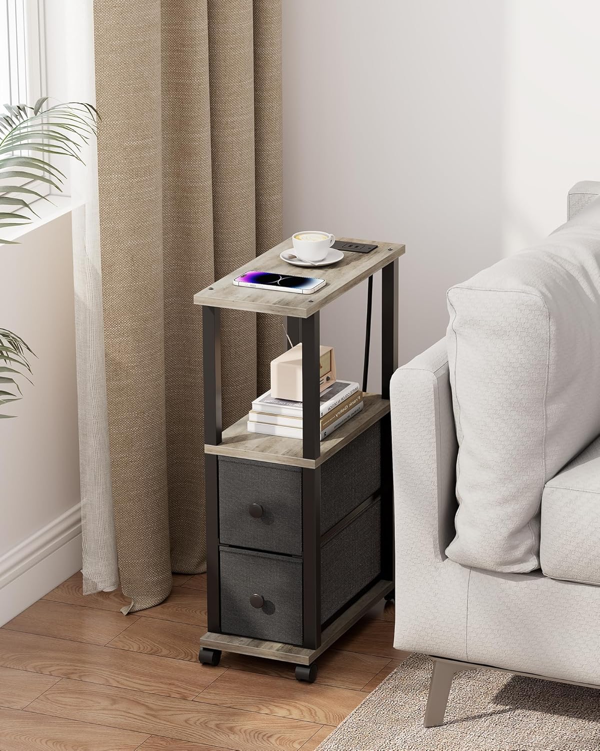 TUTOTAK Small Narrow End Tables, Side Tables with 2 Fabric Drawers, Set of 2, Bedside Tables with Charging Station for Small Spaces, Slim Nightstands with USB Ports and Wheels, TB01BG053