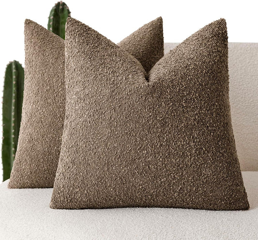 Foindtower Pack of 2 Textured Boucle Throw Pillow Covers Accent Solid Pillow Cases Cozy Soft Decorative Couch Cushion Case for Chair Sofa Bedroom Living Room Home Decor 18x18 Inch Light Brown