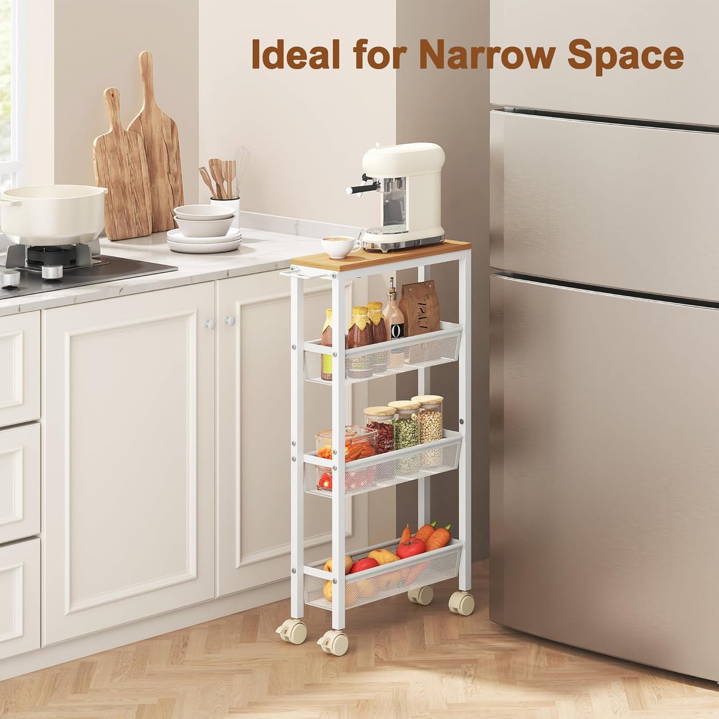 Hoctieon Slim Rolling Storage Cart, 4-Tier Narrow Kitchen Storage Cart with Handle & Wheels, Mobile Shelving Unit, Wooden Top & Metal Frame, Utility Cart for Kitchen, Small Spaces, Oak Beige