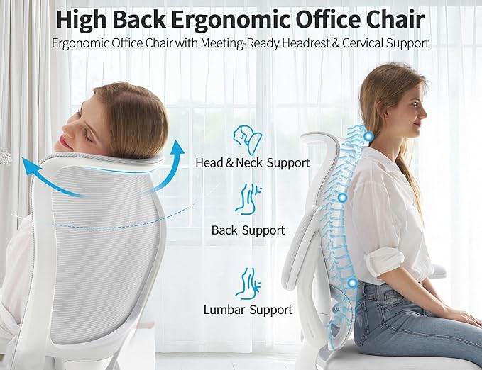 TRALT Ergonomic Office Chair - Desk Chair with Wave High Back Adjustable Lumbar Support Computer Chair - Gaming Chairs Mesh Backrest and PU Leather Seat for Home Reading Chairs to Adults(White)