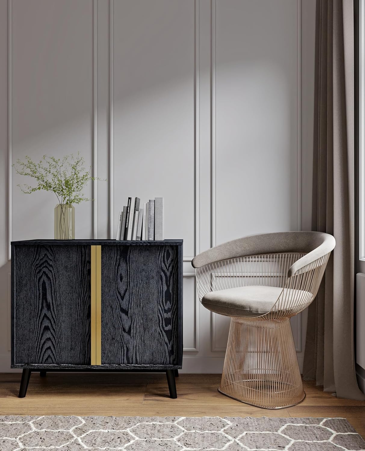 Sango Cortland 2-Door Accent Cabinet, Sleek Black Storage Cabinet with Brass Handles, Adjustable Shelf, Minimalist Mid-Century Modern Design, Stylish & Functional Furniture for Living or Dining Room