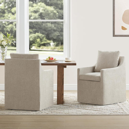 Upholstered Dining Chairs with Casters Easy Assembly Side Deskchair with Rollers for Diningroom, Living Room, Khaki, 2 Box