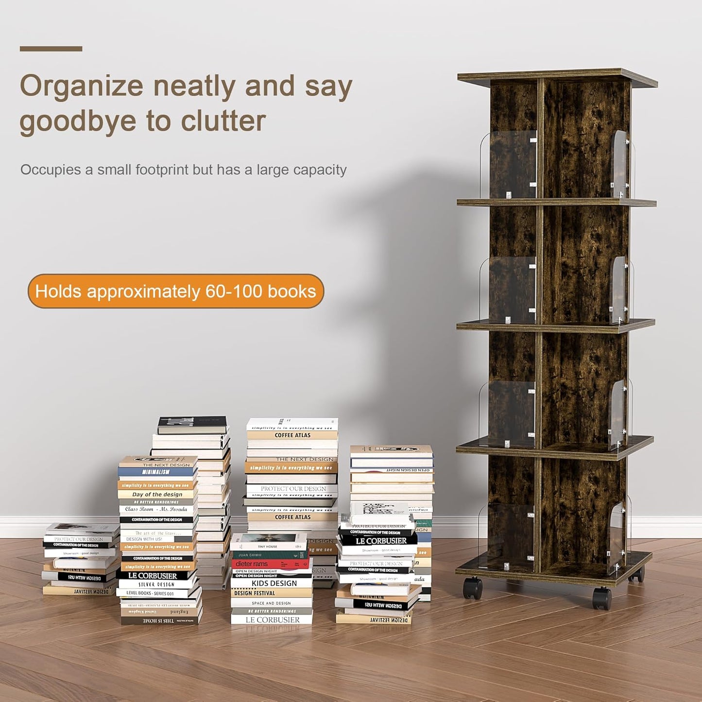 VECELO 4-Tier Rotating Bookshelf, Modern Swivel Bookcase for 360°Display,Stackable Square Book Shelves Floor-Standing Storage for Home Office, Solid Wood, Smooth Spinning, Brown