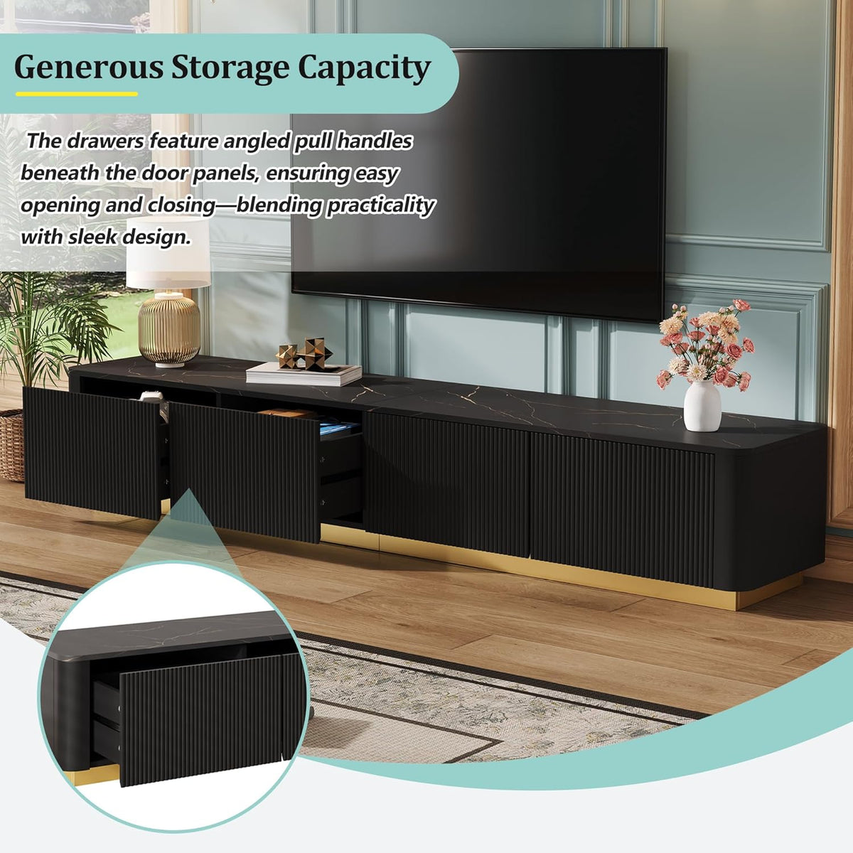 Merax Modern Wood TV Stand for TVs Up to 85'', Faux Marble Tabletop Entertainment Center with Storage Drawers, Practical Media Console for Living Room, Bedroom, Black