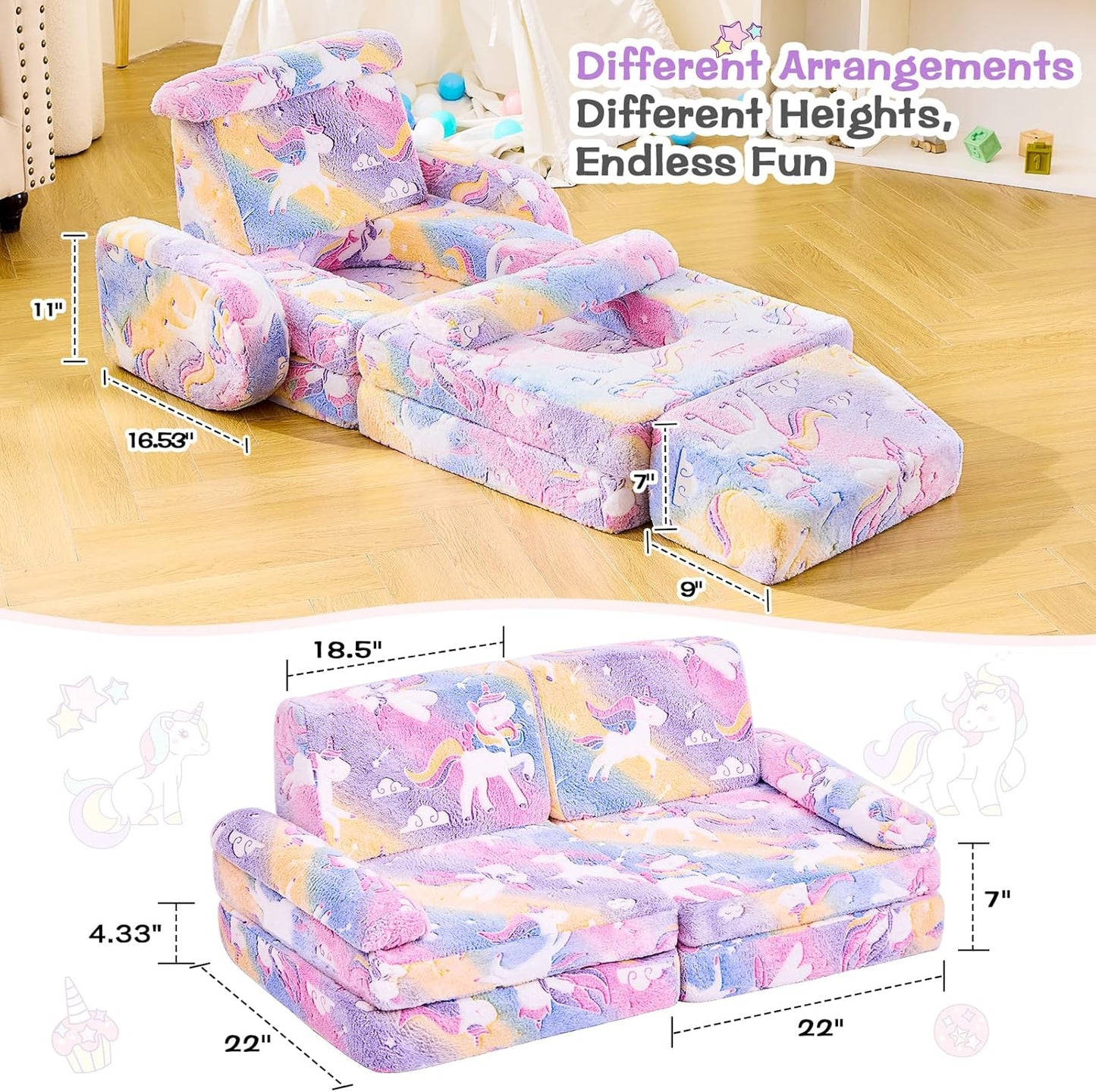 IFNOW Modular Kids Play Couch,Toddler Couch Kids Sofa,Child Sectional Sofa,Bedroom and Playroom Furniture for Toddlers,Convertible Foam and Floor Cushion for Boys and Girls,Glow in The Dark,Unicorn