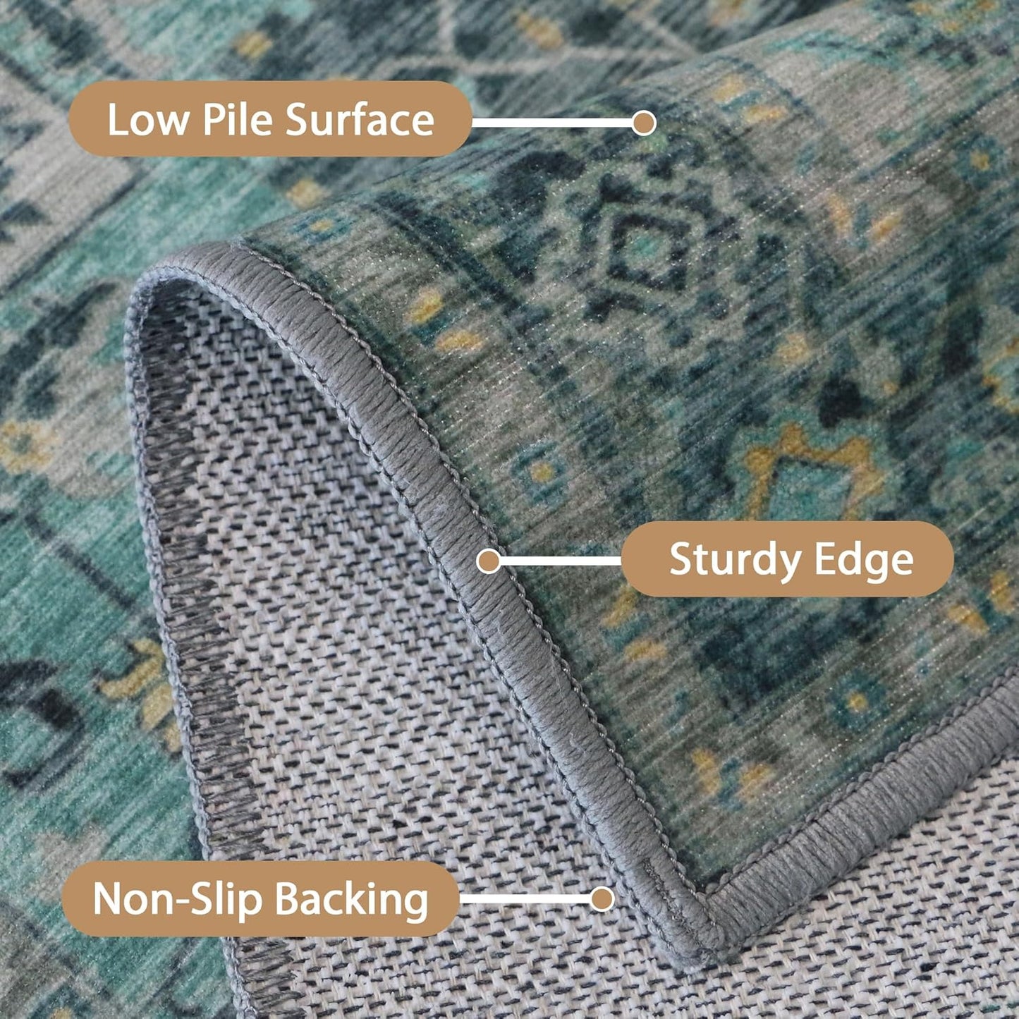 GENIMO 7'6''x9'6'' Area Rugs for Living Room, Machine Washable Non Slip Vintage Rugs, Low Pile Lightweight Chenille Print Rug for Bedroom, Dining Room, Home Office, Dark Green
