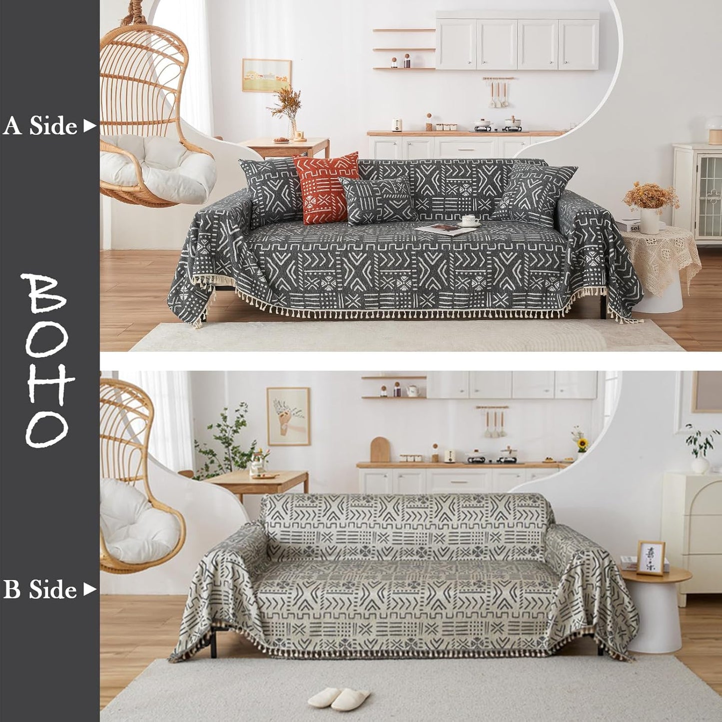 HANDONTIME Black White Boho Sofa Cover Geometric Farmhouse Tassel Couch Covers Boho Living Room Décor Dog Sofa Covers for Slipcover Aesthetic Couch Cushion Cover Couch Protector for Dogs, 71" X134"