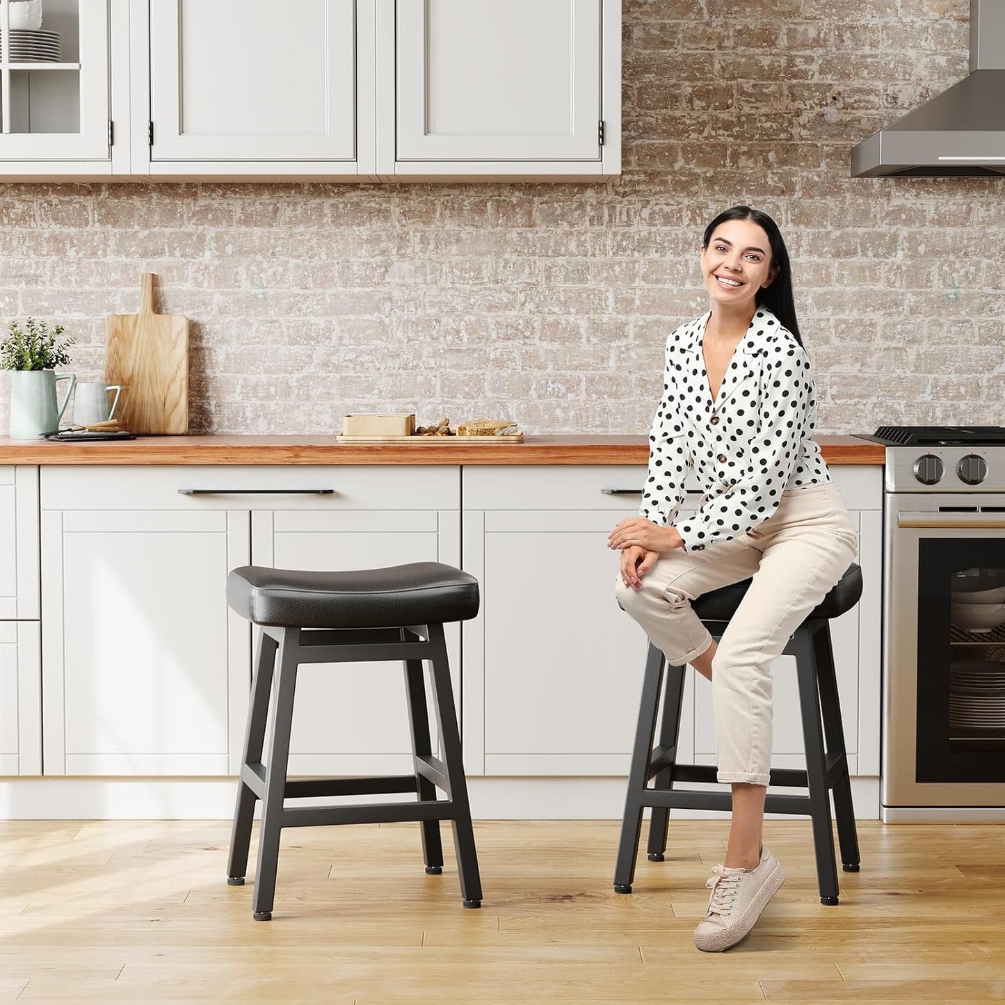 Counter Height Bar Stools Set of 3, 24 Inch Barstools for Kitchen Counter, Kitchen Stools with Bonded Leather Saddle Seats & Heavy Duty Metal Legs, Easy Assembly, All Black