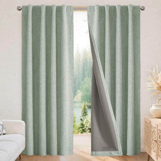Joydeco 100% Blackout Curtains for Bedroom - Natural Linen Curtains 52" W x 63" L Long, Thermal Insulated 2 Panels Light Blocking Drapes, Rod Pocket & Back Tabs, Darkening Privacy for Living Room