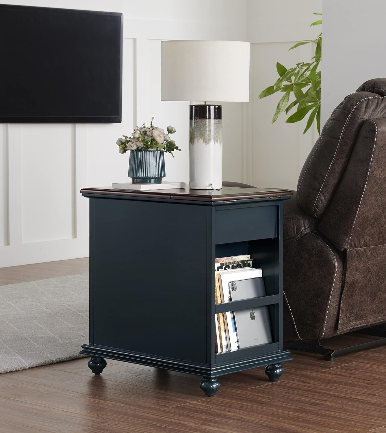 Martin Svensson Home Elegant Chairside End Table, 24 in x 16 in x 25 in, Blue with WalnutTop