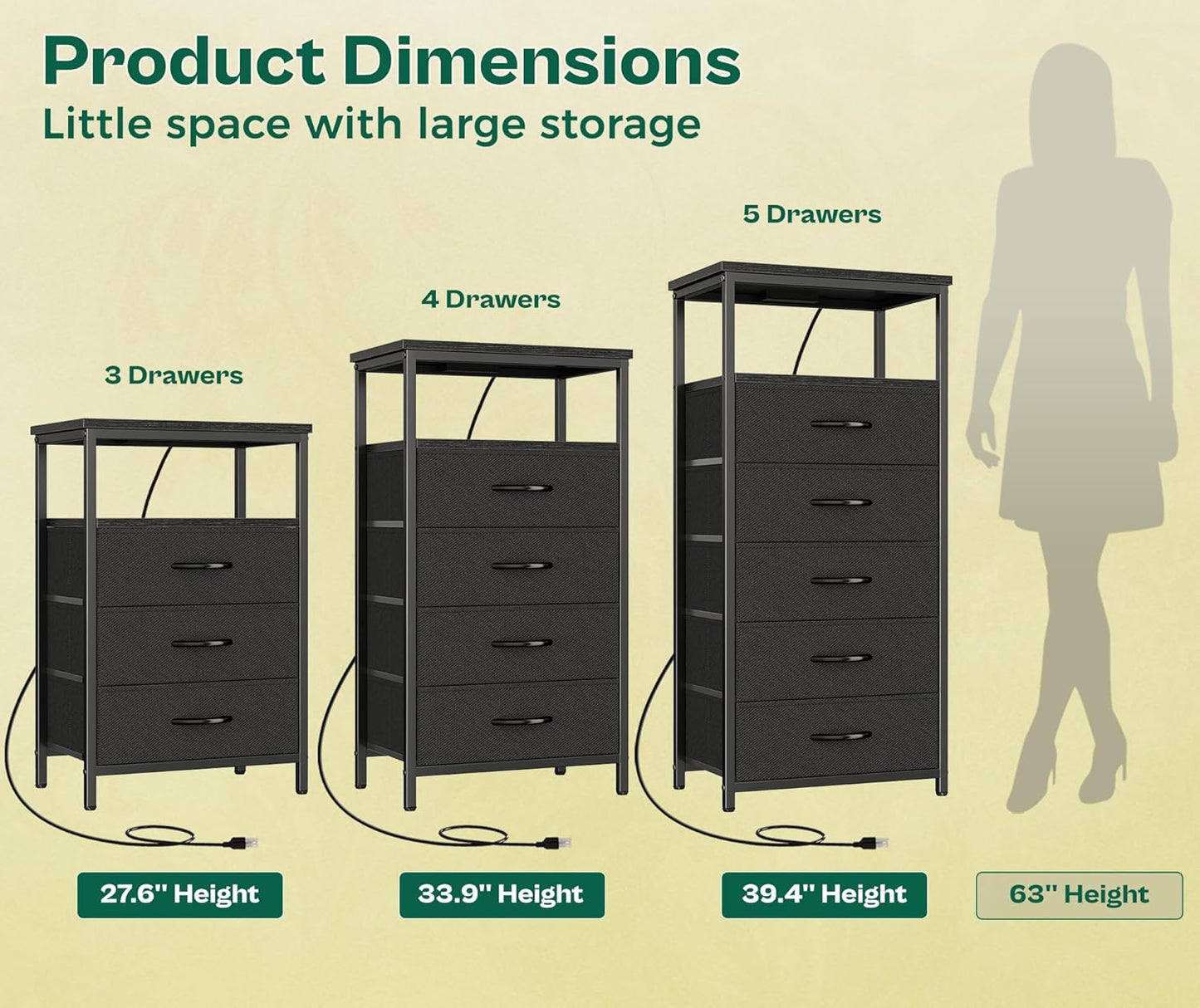 Huuger 5 Drawers Dresser with Charging Station, Dresser for Bedroom, Tall Night Stand, Chest of Drawers with Open Shelf, Bedside Table Nightstand, Fabric Storage Drawers, for Entryway, Black