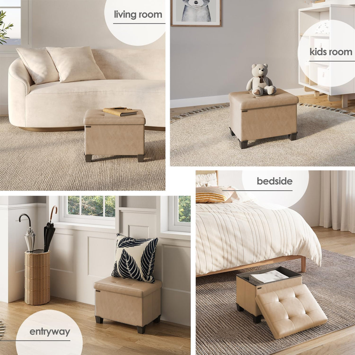 STORAGEBUD Storage Ottoman Cube with Small Bin, 16-in Square Ottoman with Storage for Living Room and Bedroom, Small Ottomans Foot Rest, Faux Leather Foot Stools Ottomans Max 330lbs, Taupe