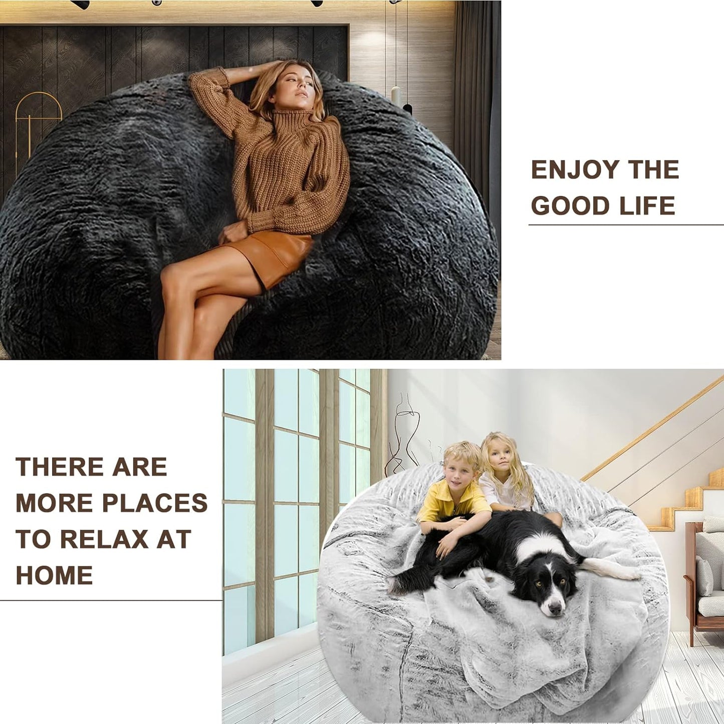 (No Filler) Bean Bag Chair Cover Without Filler,Big Round Soft Fluffy PV Velvet Washable Bean Bag Lazy Sofa Bed Cover for Adults,Living Room Bedroom Furniture Outside,6ft Black