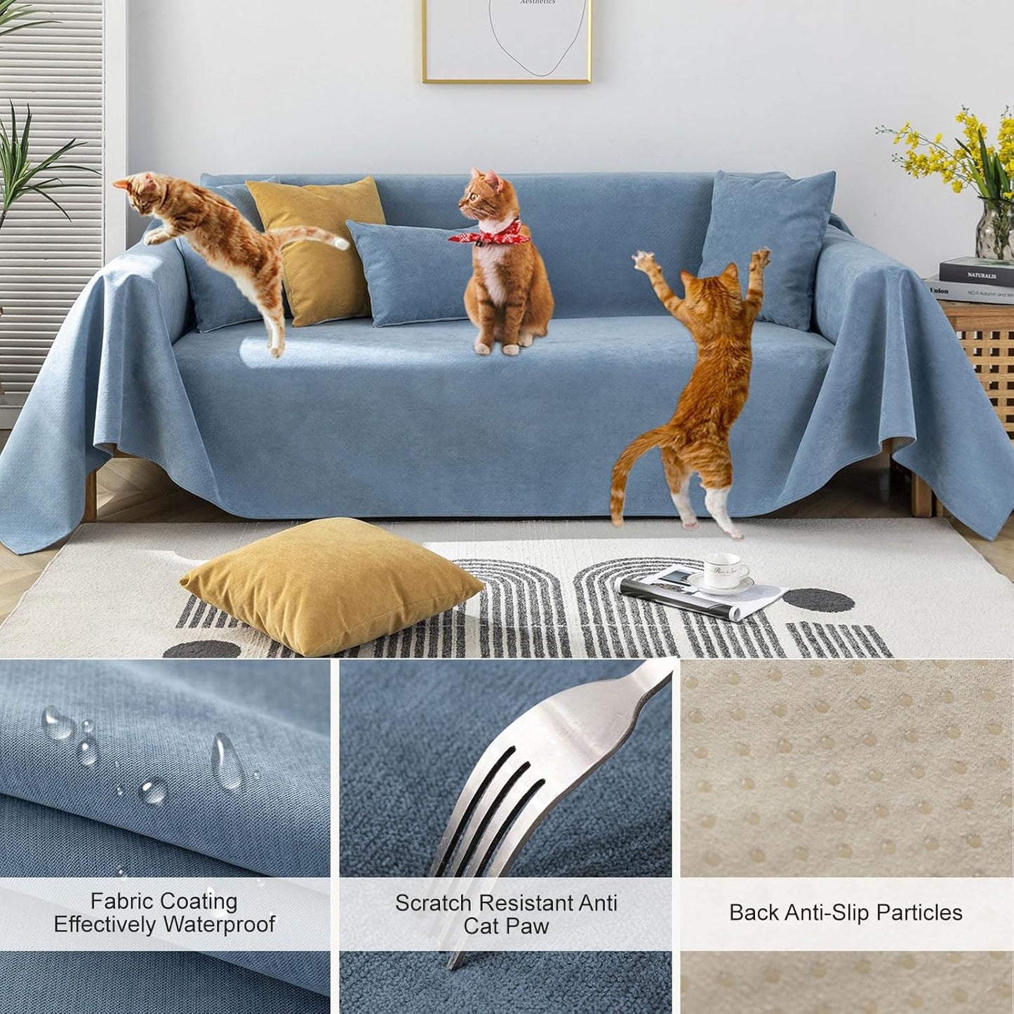 STACYPIK Waterproof Blue Sofa Cover for Dogs, Couch Cover for Sectional, Furniture Protector for 3 Cushion Couch, Anti-Scratch Loveseat Covers for L Shaped, Non-Slip Slipcovers for Loveseat-71X150IN