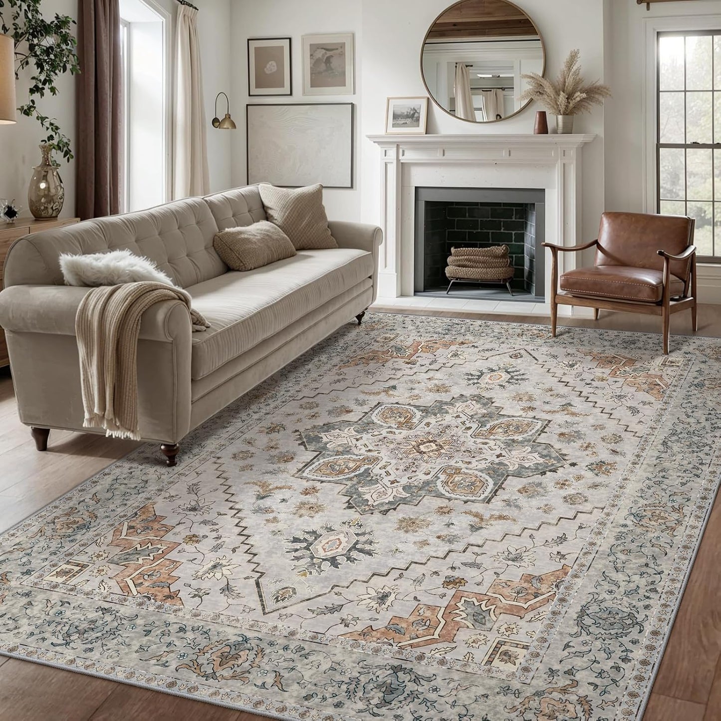 Tangsoo 5x7 Area Rug Washable Rug for Living Room, Vintage Indoor Non Slip Large Area Rugs, Print Distressed Taupe Carpet, Soft Low Pile Rug Foldable Floor Rugs for Bedroom Dining Room Dorm
