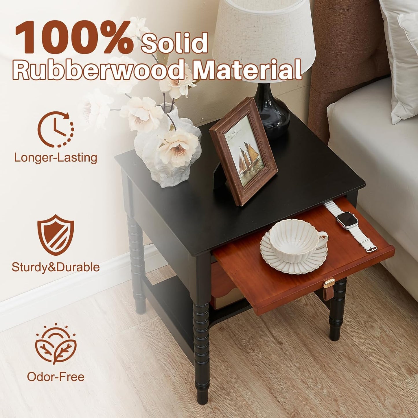 Uniclinens Mid Century Modern Nightstand Two-Tone Bedside Table with Drawers, Vintage Solid Wood End Side Table for Bedroom Living Room, Black-Brown
