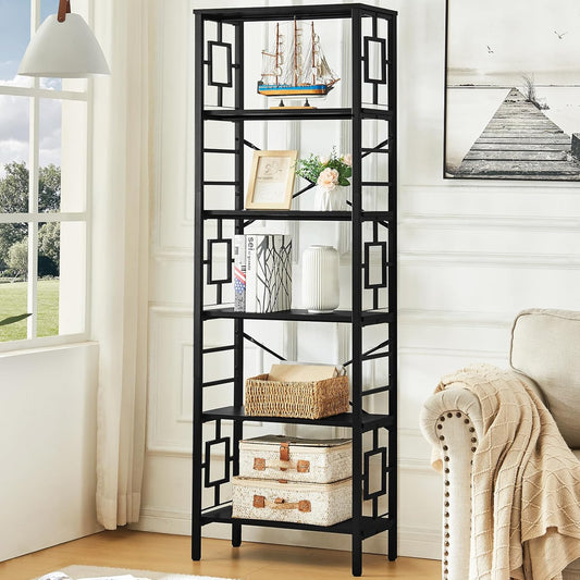HOMISSUE Tall Bookshelf, Industrial Bookshelf with Metal Frame and Open Shelves, 6 Tier Metal Bookshelves and Bookcases, Rustic Bookcase, Tall Book Shelf for Office, Living Room and Bedroom, Black