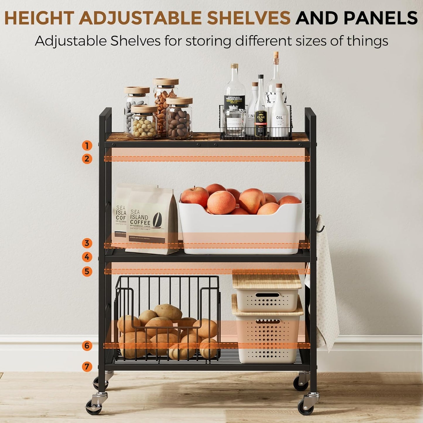 3-Tier Metal Storage Rack with Industrial Wheels,Mesh Shelving Unit with Wooden Table top,Adjustable Shelf,23.6-Inch Width,15.8-Inch Depth, for Kitchen, Laundry,Pantry,Plant,Black