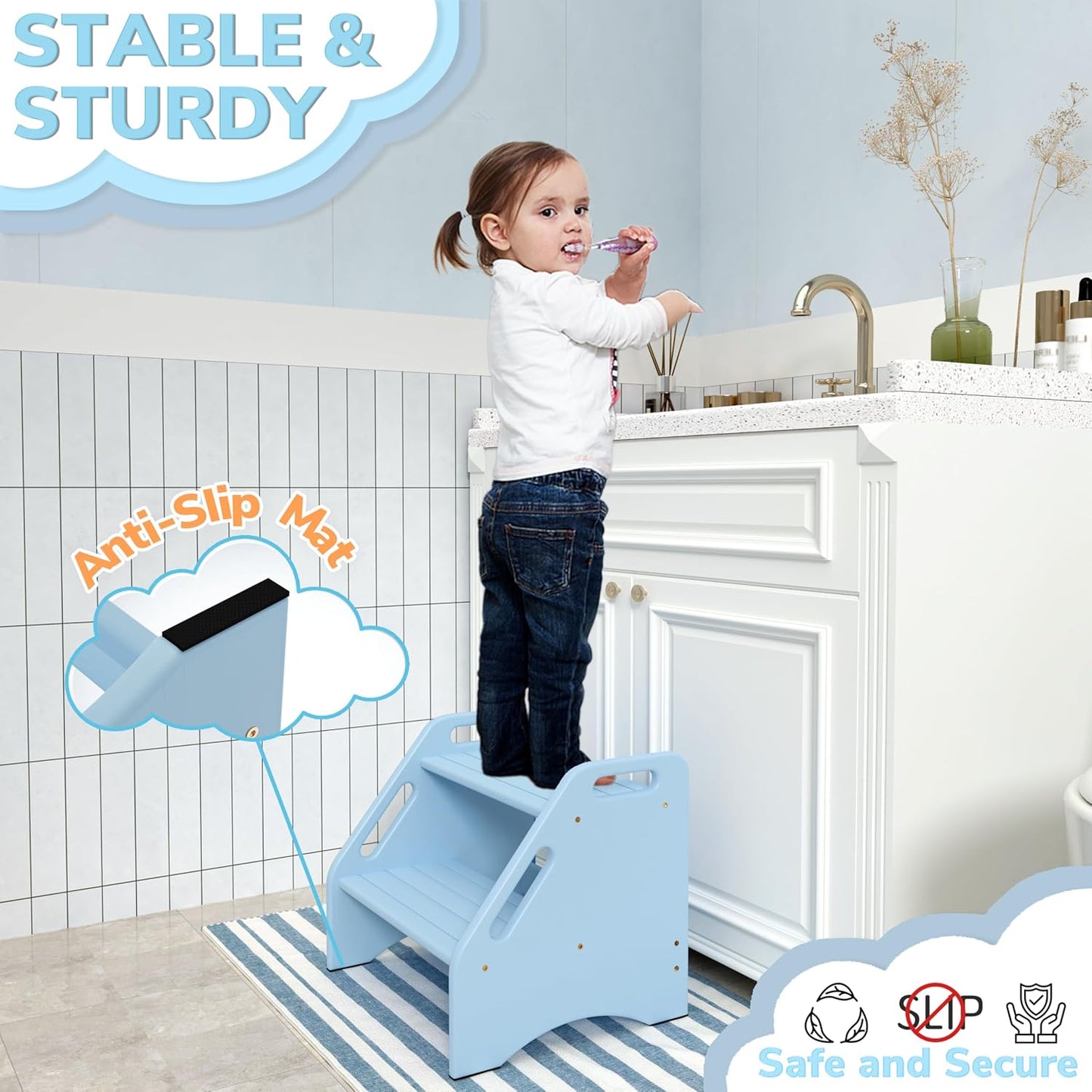 AMBIRD Wooden Step Stool, Two Step Stools 300 lbs Capacity with Safety Non-Slip Pads and Handles, Bamboo Step Stool for Bathroom, Kitchen Dual Height Step Stools for Kids (Sky Blue)