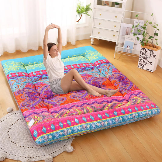 Bohemian Retro Japanese Floor Mattress, Vintage Floral Tatami Floor Mat, Portable Roll up Futon Mattress for Guest,Tavel (D,Twin 80" x 36")