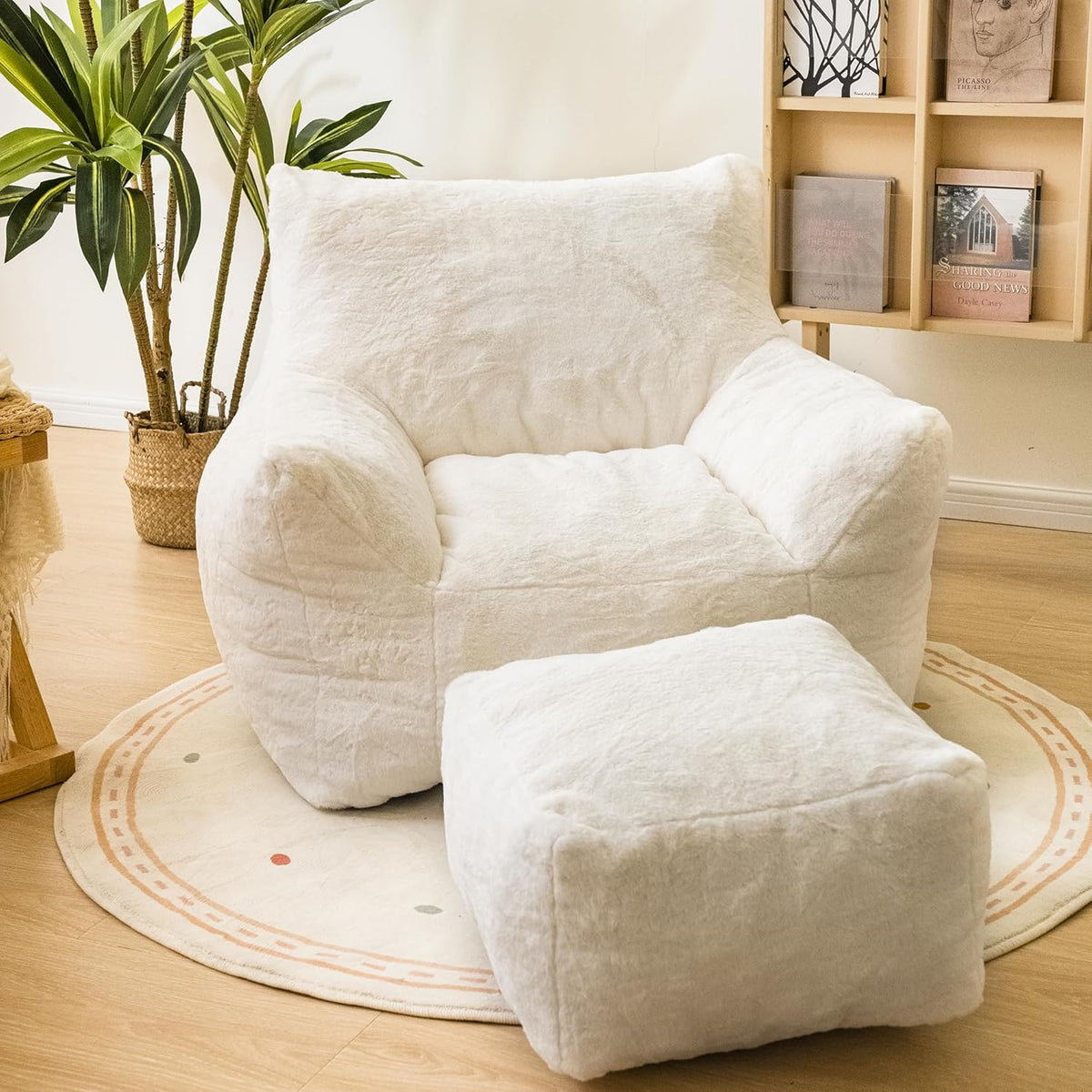 Bean Bag Chair with Ottoman, Armrest Bean Bag Chairs with Filler, Ultra Soft Fluffy Faux Fur Bean Bag Chair with Foot Rest, Plush Lazy Sofa with Foot Stool for Living Room, Dorm