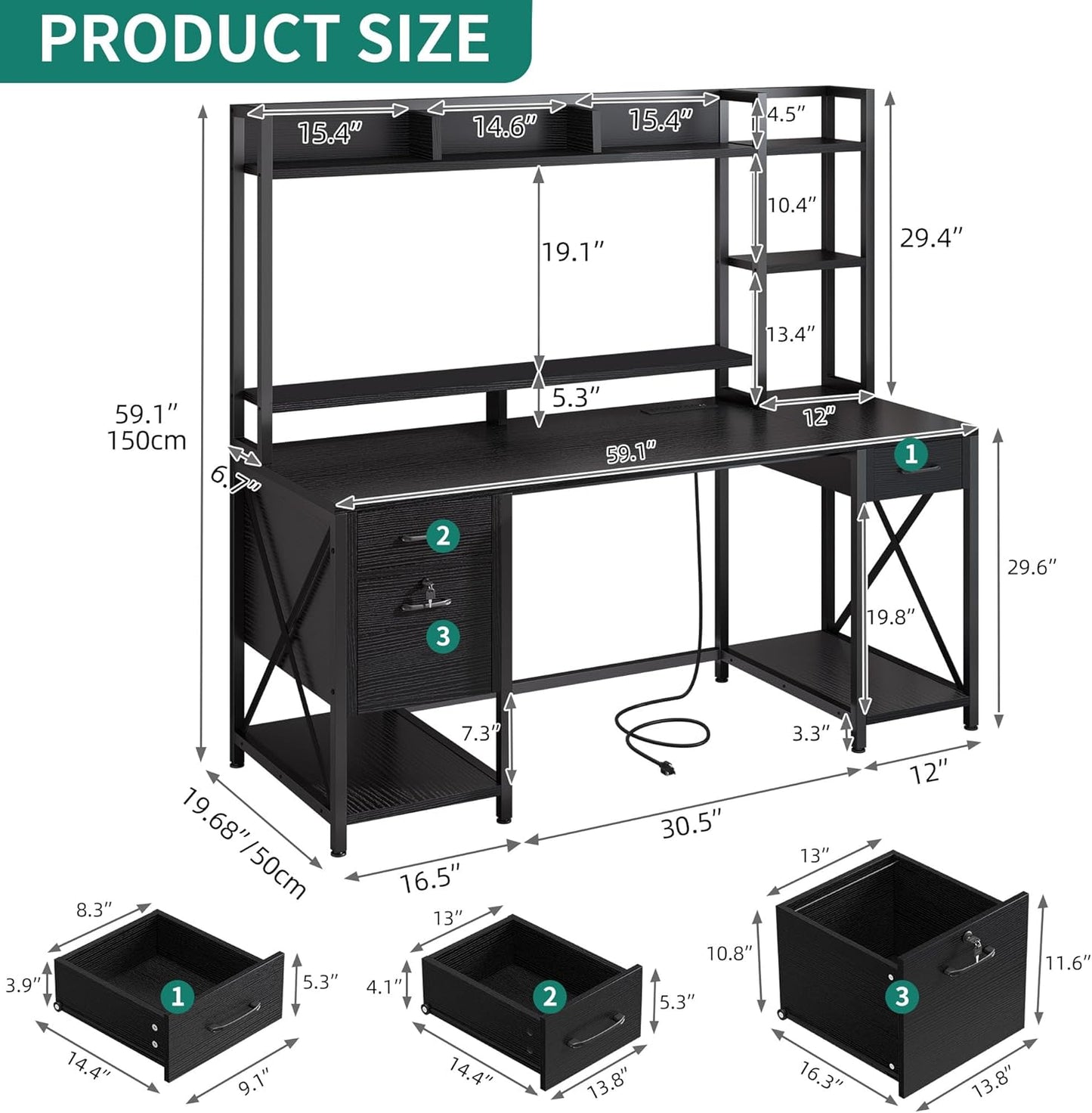 DWVO Computer Desk with Drawers & Hutch, 59.1" Office Desk with Power Outlets & LED Lights, Home Office Desk with Storage Shelves, Black