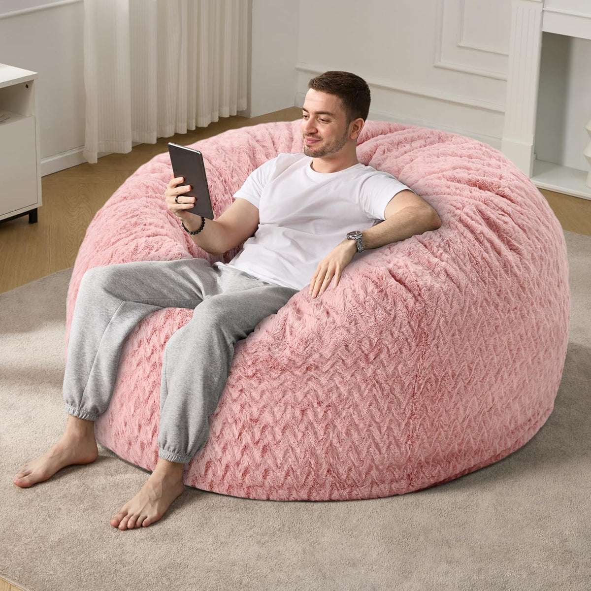 5ft Bean Bag Chairs for Adults Large Beanbag Chair with Chevron Plush Fur Cover Big Bean Bag Chair for Living Room Bedroom Dorm (Pink)