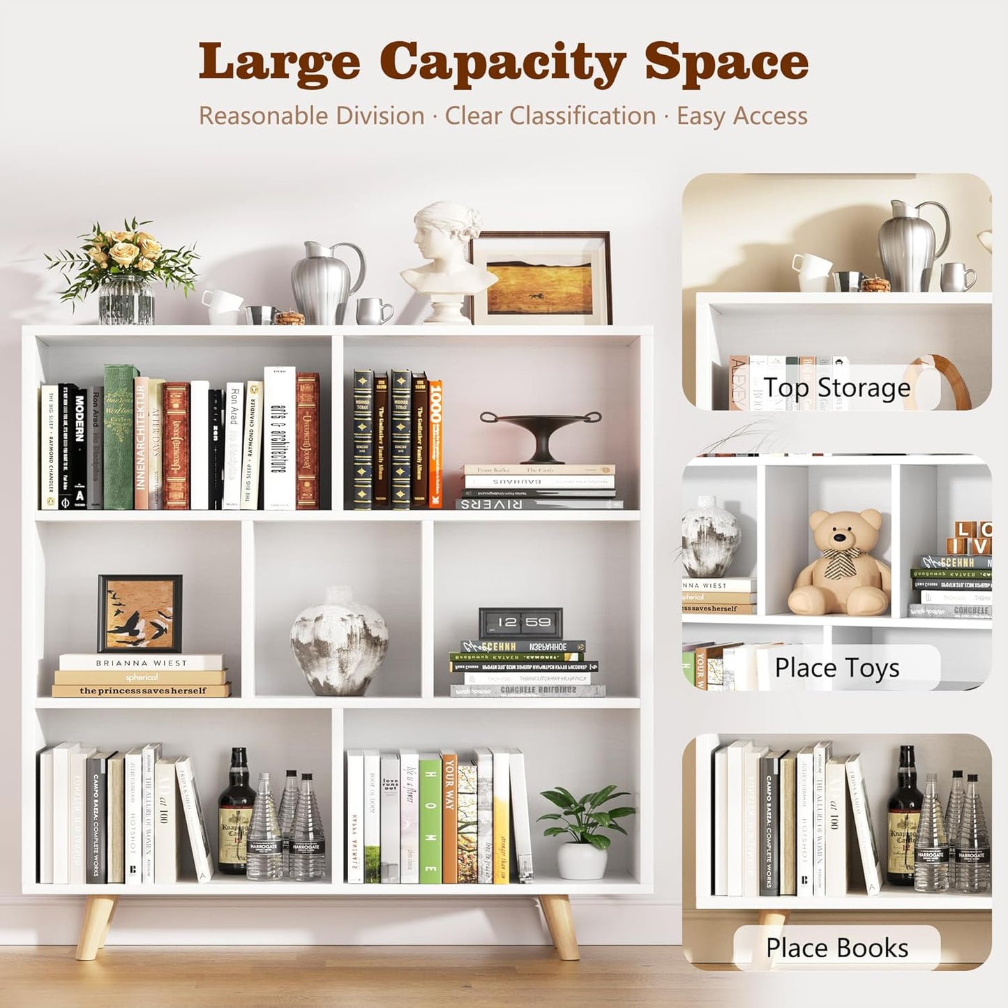 Shintenchi Cube Storage Organizer, 3 Tier Mid-Century Bookcase with Legs Cubeicals Retro Wood Organizer Storage Bookcase, Freestanding Open Book Shelves for Bedroom,Living Room,Office(White)