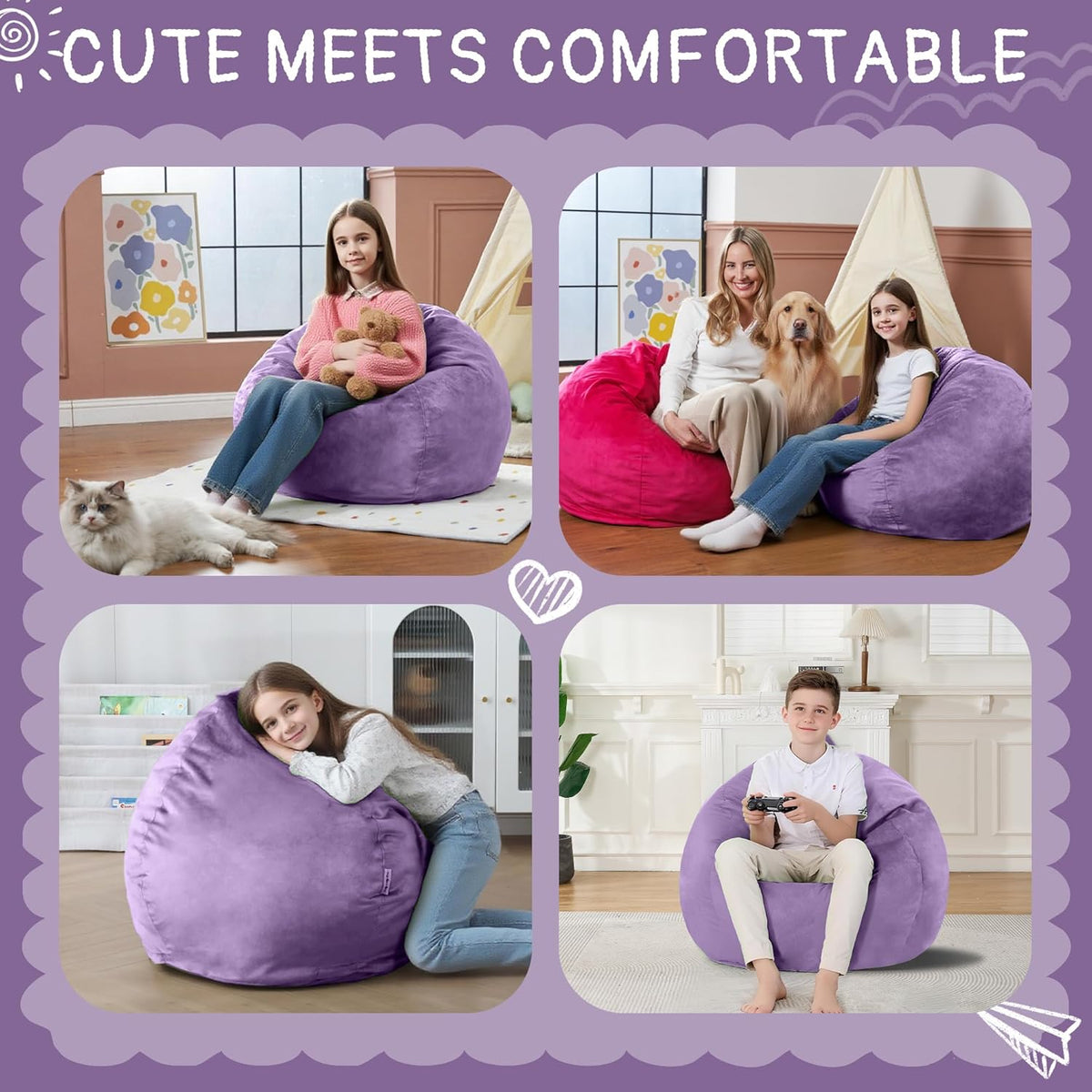 2FT Bean Bag Chair with Ultra Soft Velvet Cover Bean Bag Sofa with Memory Foam Bean Bag Chairs with Large Size Lazy Sofa for Dorm Office Living Room Bedroom Purple 2'