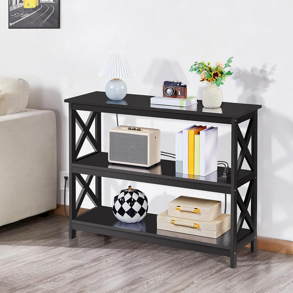Yaheetech Entryway Table with Storage Shelves, Console Table with Power Outlets and USB Ports, Wood Narrow Sofa Tables with X-Shaped Design for Living Room/Hallway/Couch, Black