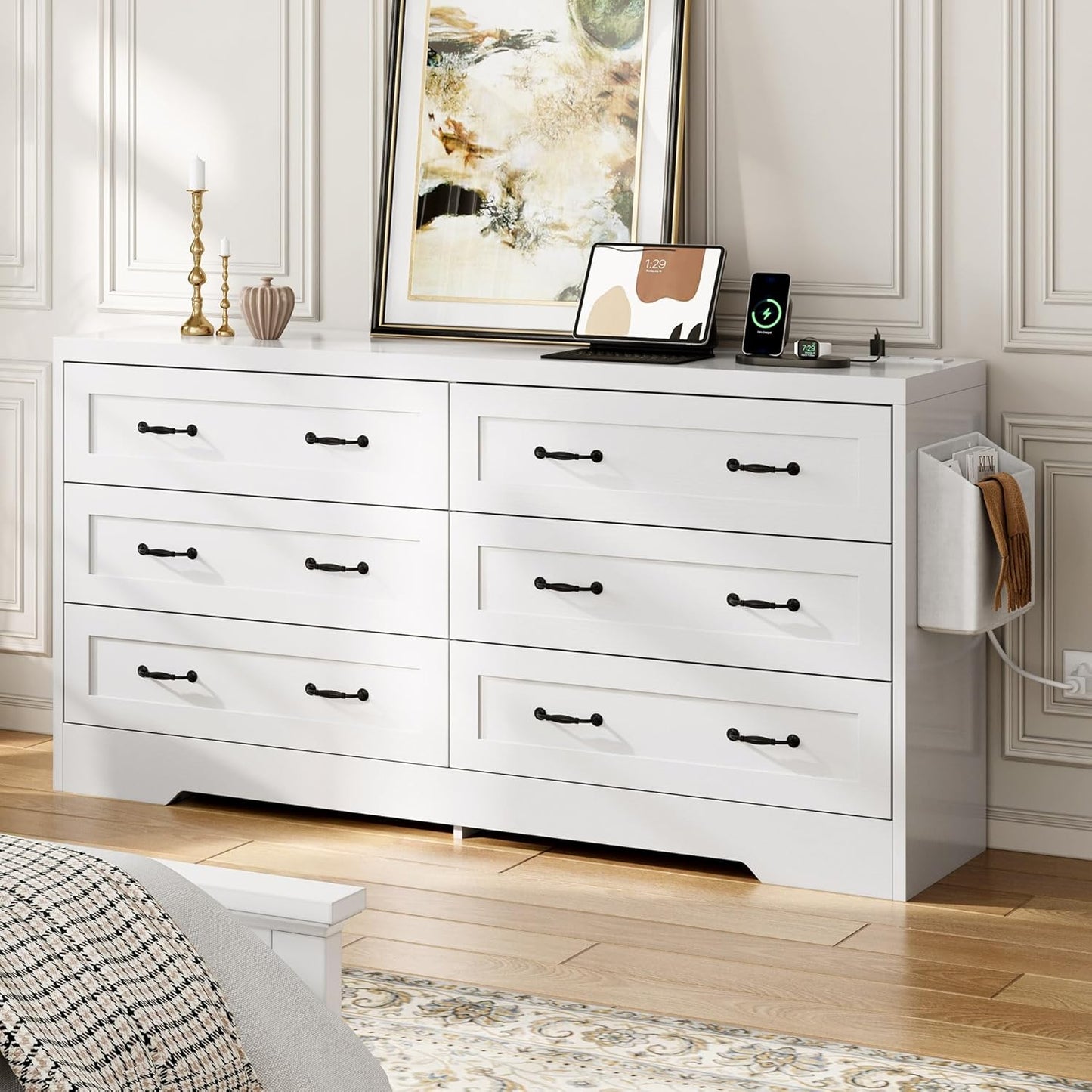 YITAHOME White Drawers TV Stand for 65 inches with Power Outlets -Chest of Drawers Dresser with Side Organizer Bag Entertainment Center TV Console, White